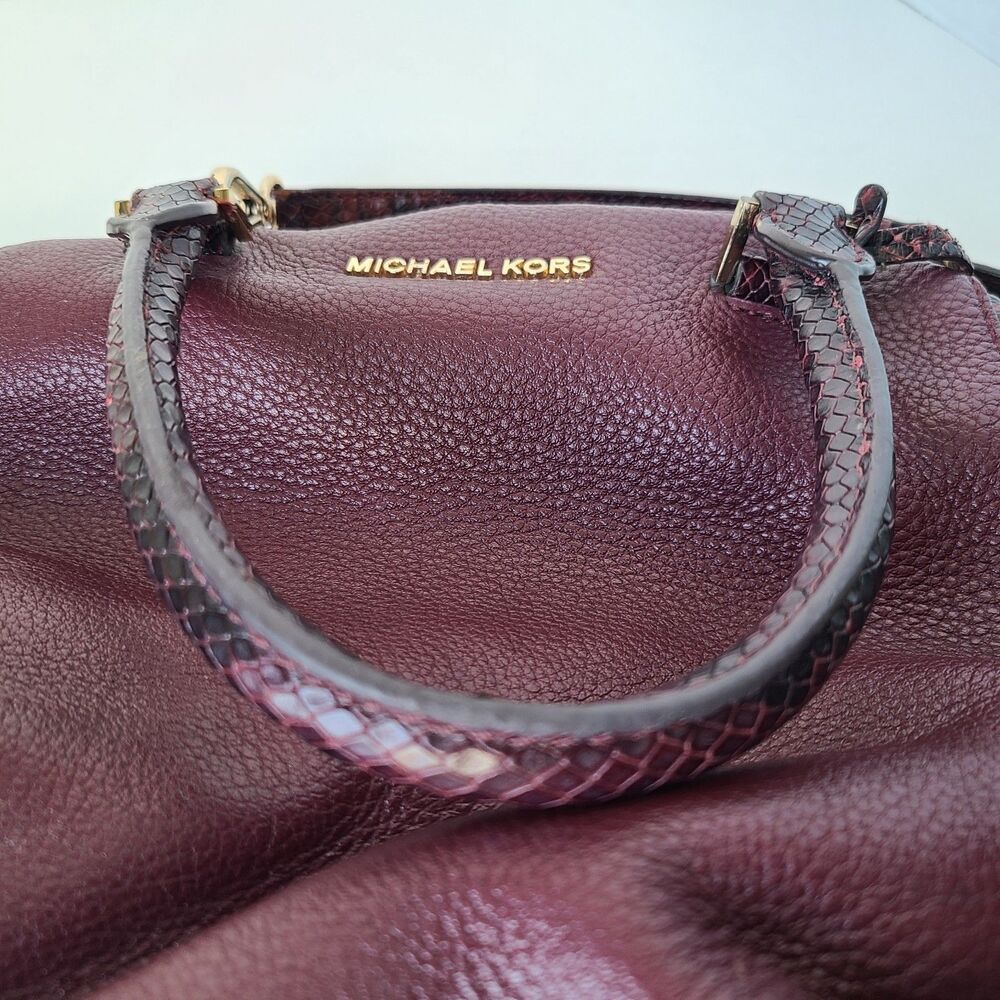 Michael Kors Burgundy Leather Python Embossed Satchel Shoulder Bag Purse Large - Picture 14 of 16